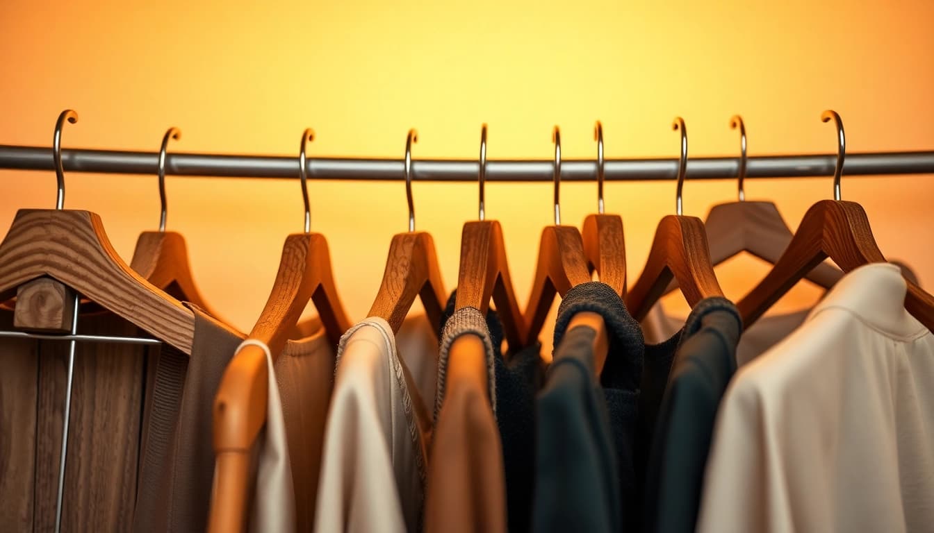 Kleiderbügel aus verschiedenen Materialien harmonisch arrangiert, ideale Wahl für stilbewusste Aufbewahrung.