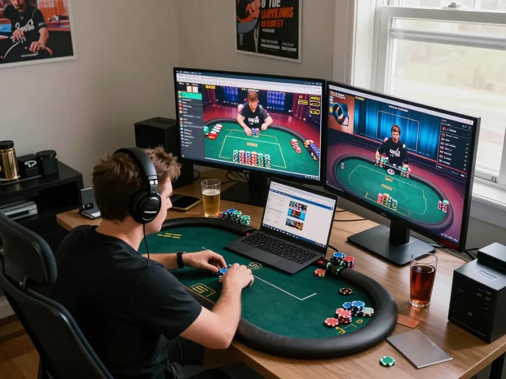 Câu lạc bộ tập trung vào gameplay poker trực tuyến chiến lược, trưng bày thiết lập tại nhà hấp dẫn với nhiều màn hình.