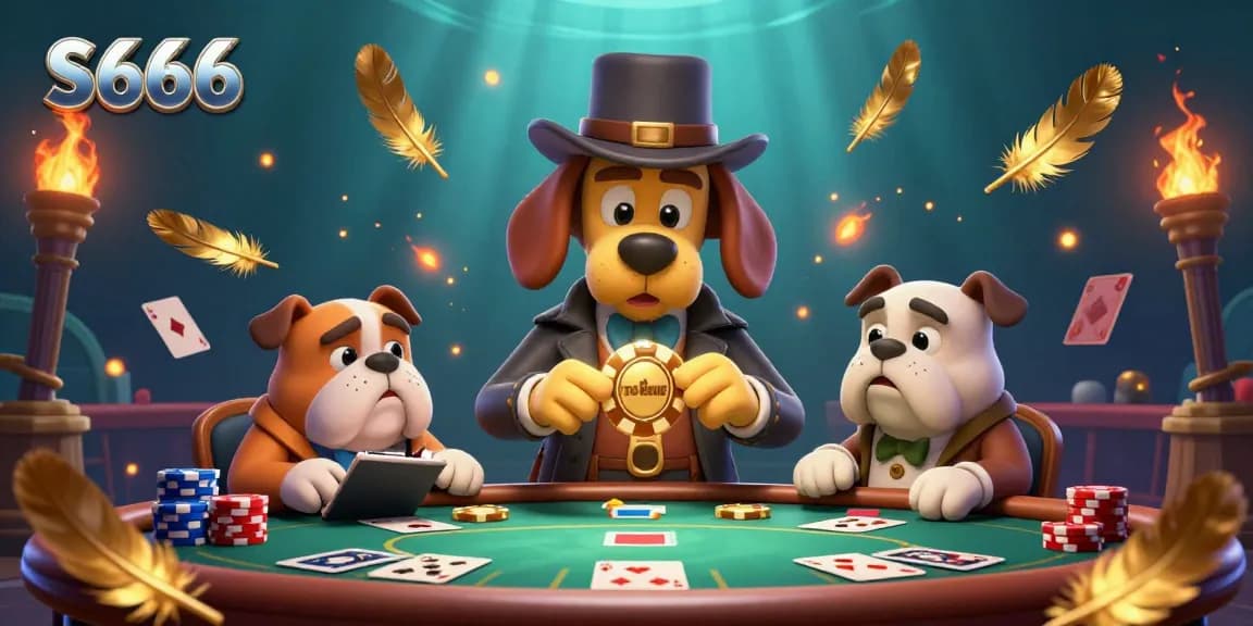 S666 casino scene with a detective and a bulldog examining a poker chip, surrounded by vibrant gambling elements.