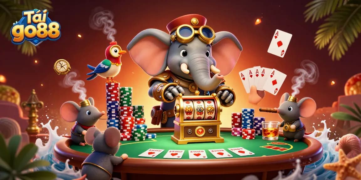 Tải go88 with a cartoon elephant engineer operating a golden slot machine surrounded by poker elements and vibrant details.