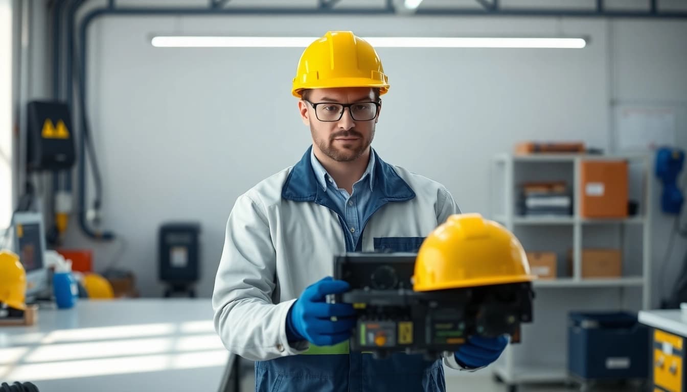 Technician conducting a Geräteprüfung with specialized tools and safety gear in a well-lit environment.