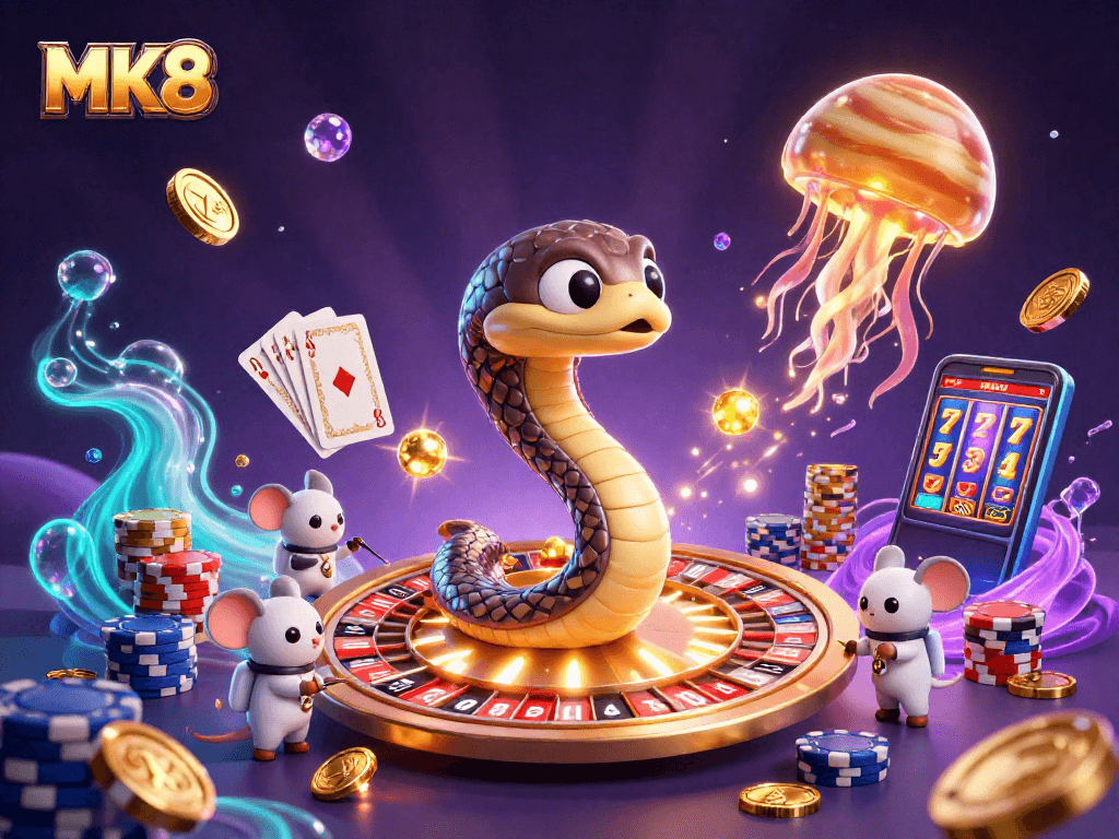 Experience the excitement of MK8 with a dazzling cosmic casino scene featuring unique characters and vibrant gambling elements.