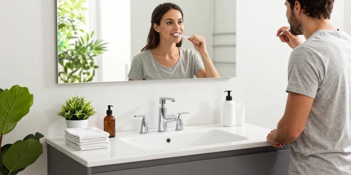Stijlvol wastafelmeubel in een moderne badkamer met een stel dat zich voorbereidt op de dag.