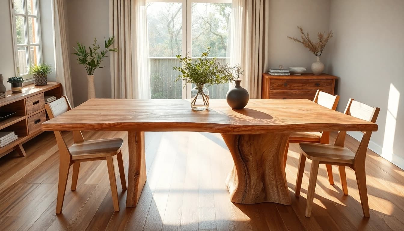 Ein stilvoller Esstisch Eiche mit Baumkante, umgeben von modernen Stühlen in einem hellen, einladenden Esszimmer.