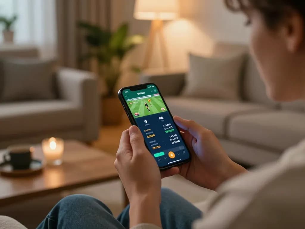 Person placing a bet on 99OK app from a cozy living room