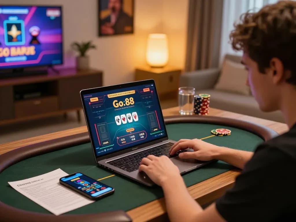 Người chơi tham gia trò chơi poker Go 88 trên laptop, thể hiện một bố trí cá cược trực tuyến hấp dẫn.