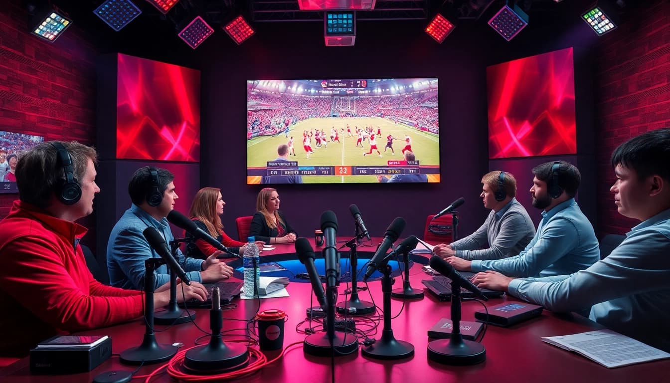 Engaging scene of Sports Broadcasting in a professional studio with diverse commentators.