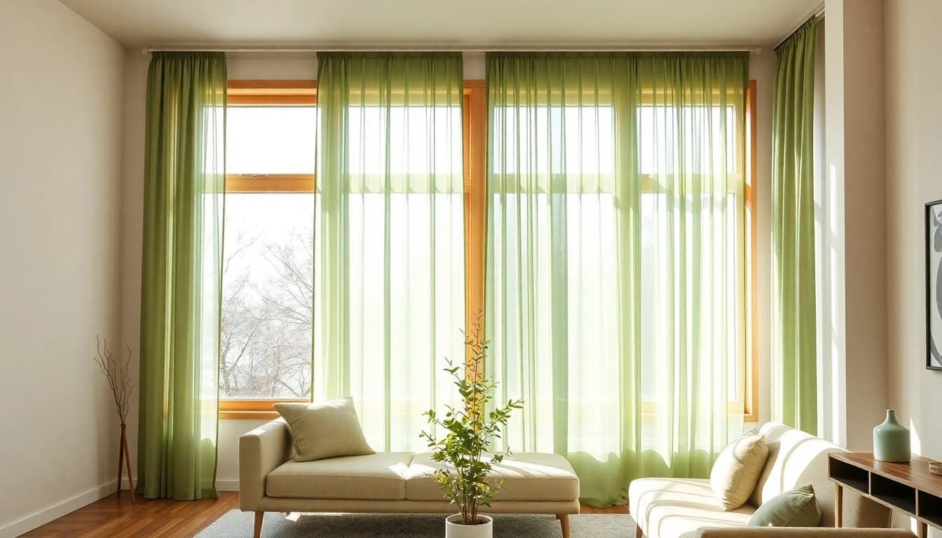 Genießen Sie einen eleganten Wohnraum mit einem maßgefertigten Plissee auf Maß aus sanften Grüntönen und modernem Design.
