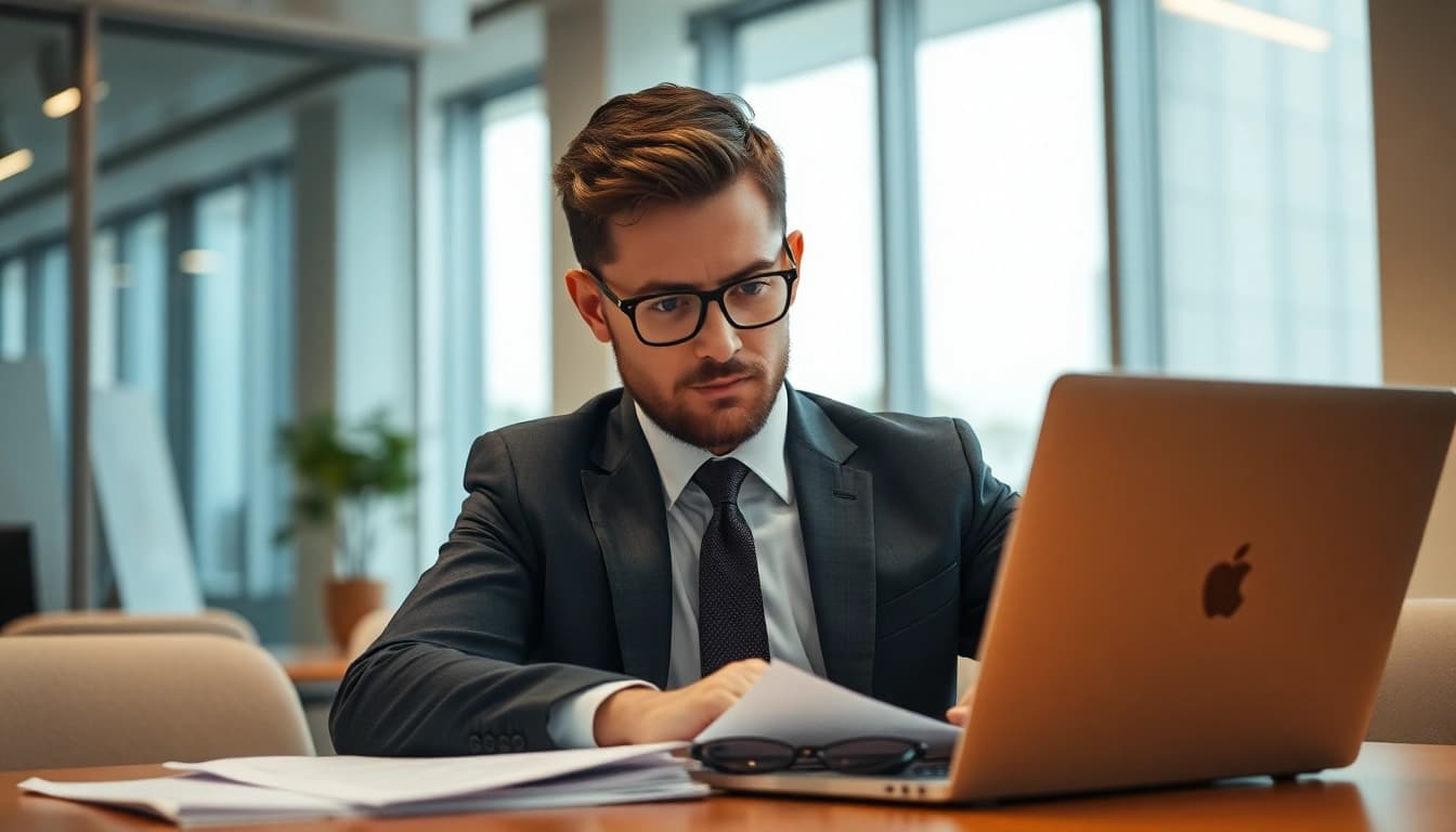 Headhunter analysiert Bewerbungsunterlagen in modernem Büro.