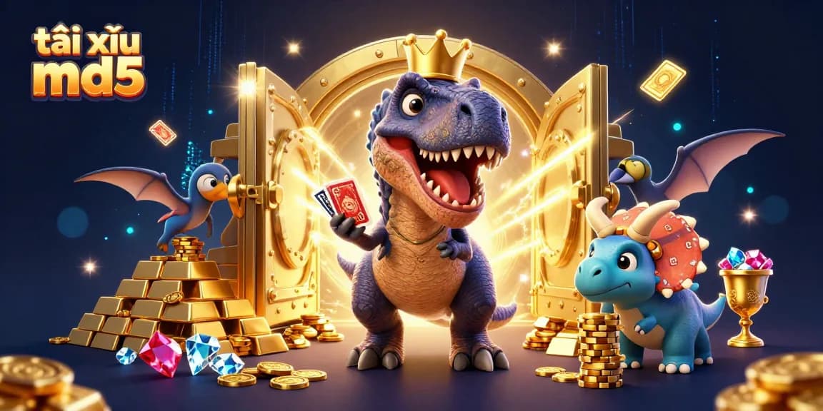 Experience the excitement of tài xỉu md5 with a charming T-Rex, Pterodactyl, and Triceratops amidst gold and jewels.