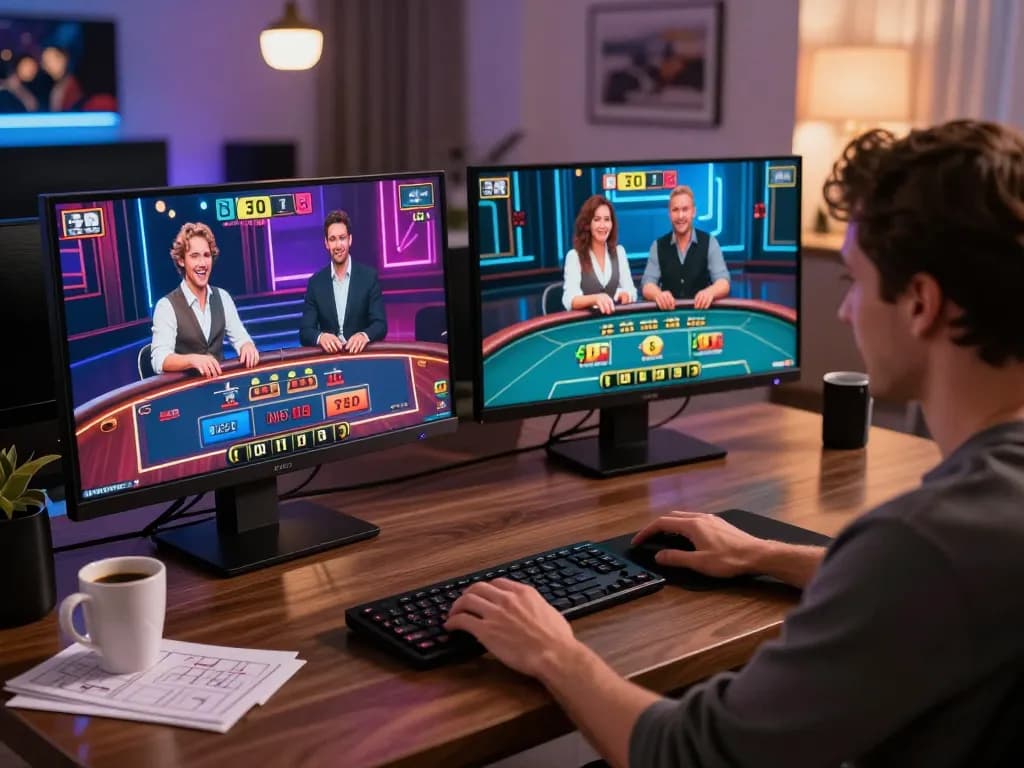 Player engaging in online gaming on mb668 with multiple screens and strategy notes