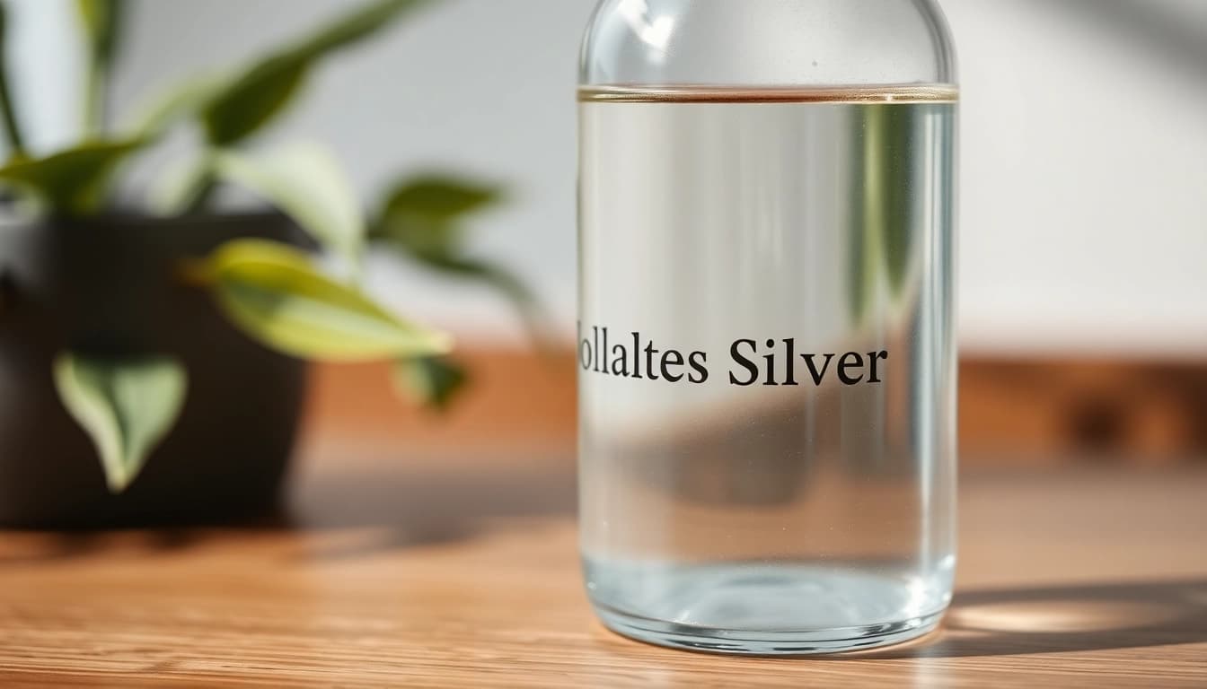 Kolloidales Silber in a glass bottle highlighted against a natural wooden backdrop, showcasing its purity.