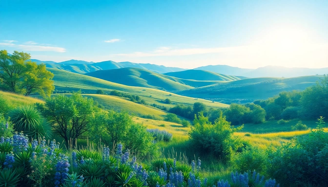 Visual representation of Klima showcasing a tranquil landscape with green hills and a clear blue sky, symbolizing balance.