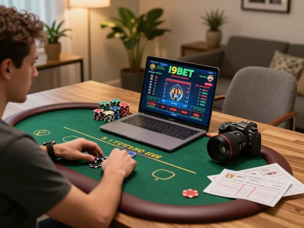 I9BET player immersed in an online casino game, showcasing strategic gameplay and a cozy atmosphere.