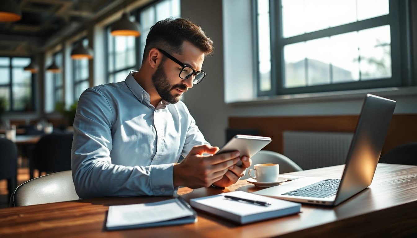 Headhunter Gastronomie analysiert Bewerbungen in einem modernen Büro, während er auf einem Tablet navigiert.