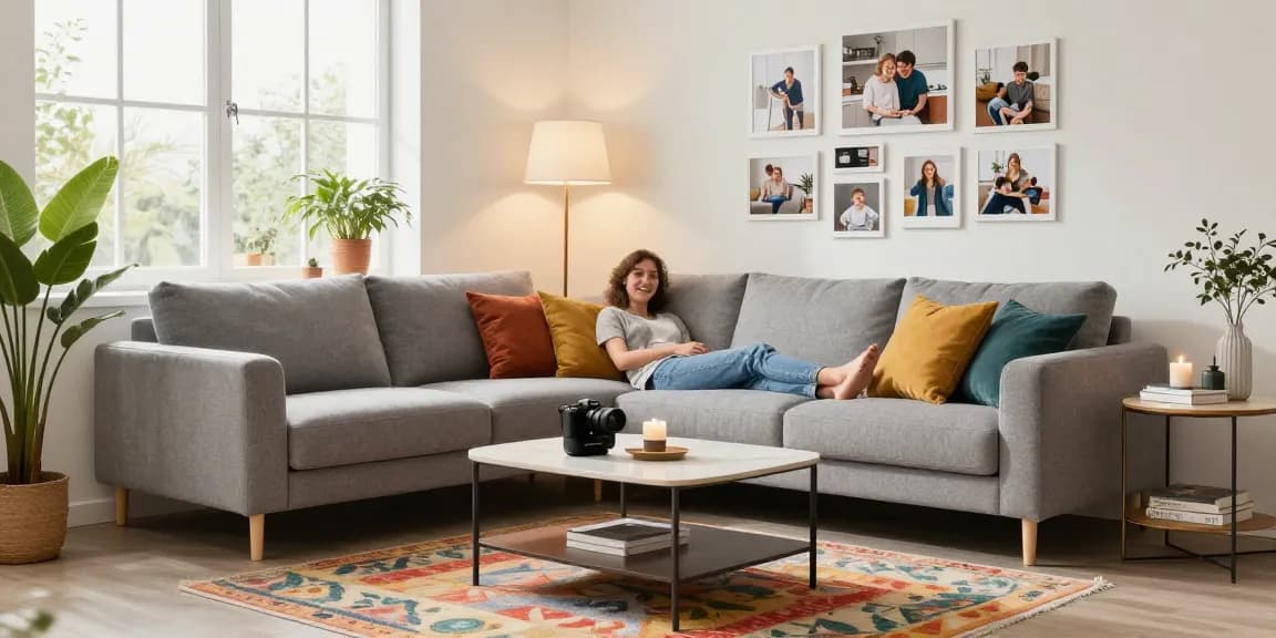 Stylisches Wohnzimmer, das Sie einlädt, Optionen für Möbel mit Lieferung kaufen zu erkunden.
