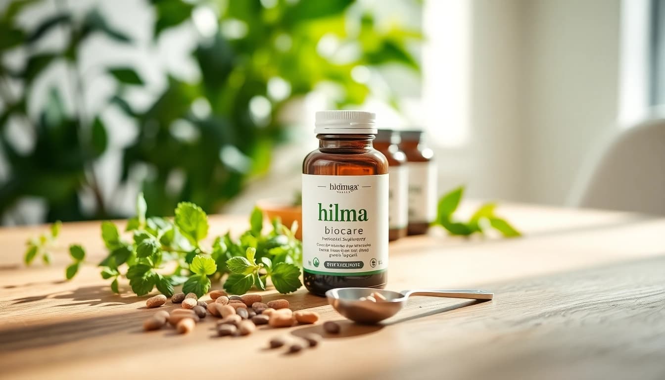 Das hilma biocare Produkt in einem natürlichen Gesundheitssetup auf einem Holztisch.