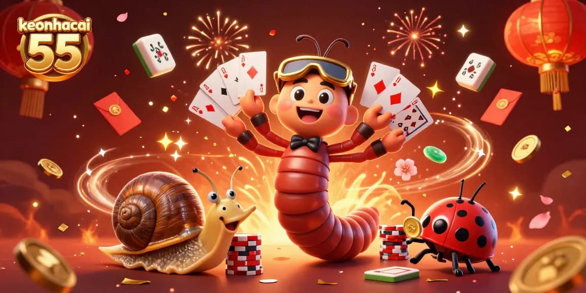 Experience thrilling action with keonhacai 55 at a lively casino scene featuring colorful characters and festive decorations.