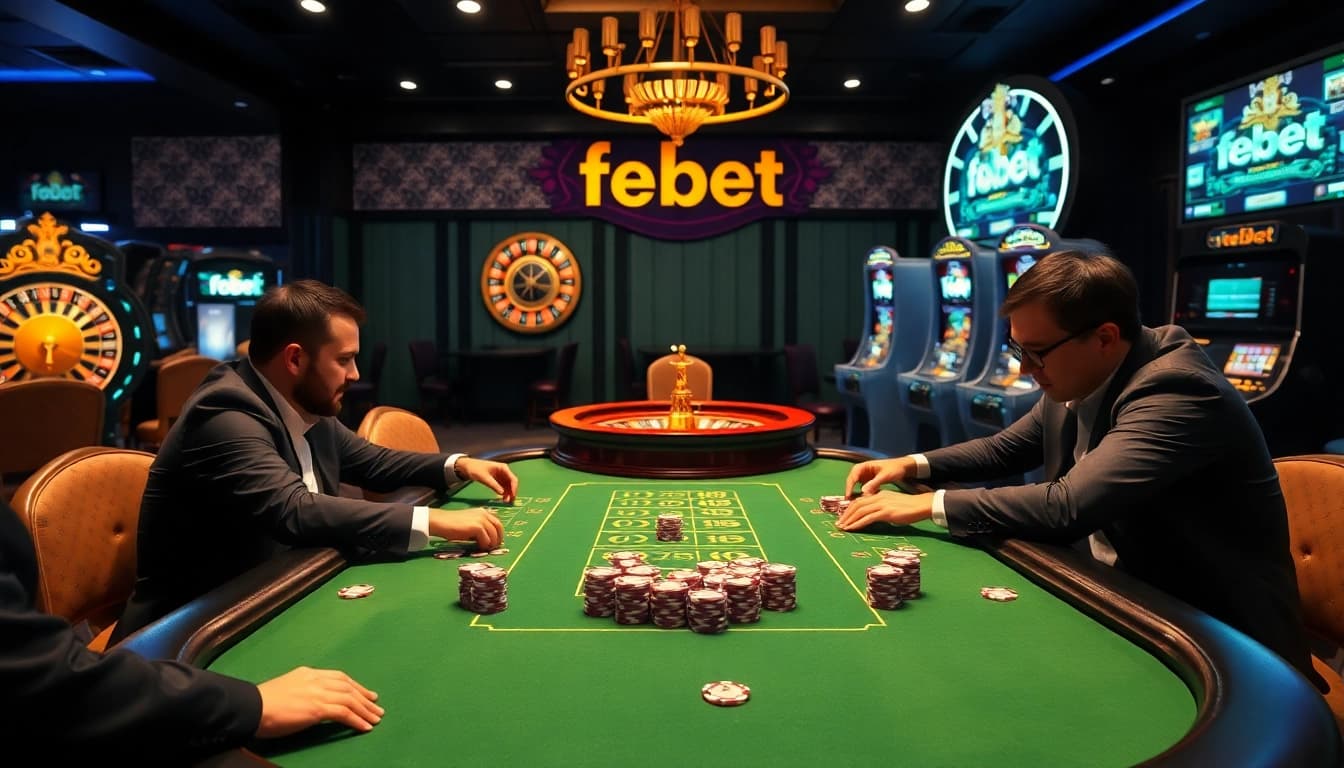 Experience thrilling poker intensity at the febet luxury casino with vibrant colors and professional players.