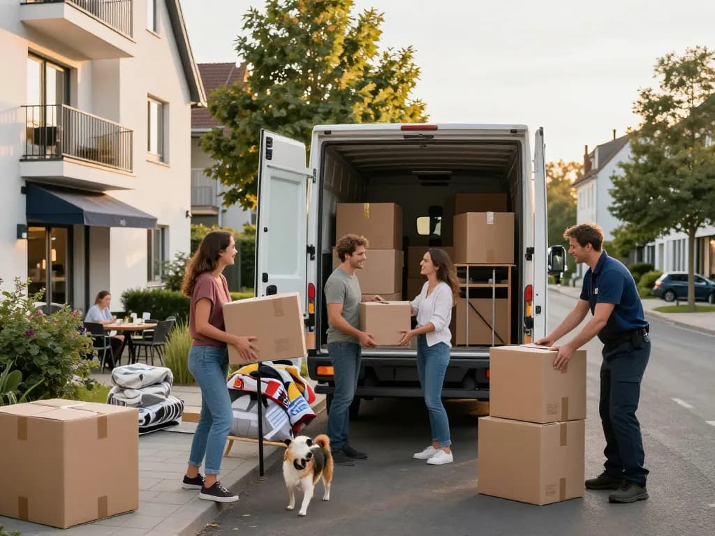 Umzugsunternehmen Hannover, die einer Familie an einem fröhlichen Umzugstag helfen, und organisiertes Verpacken sowie professionellen Service zeigen.