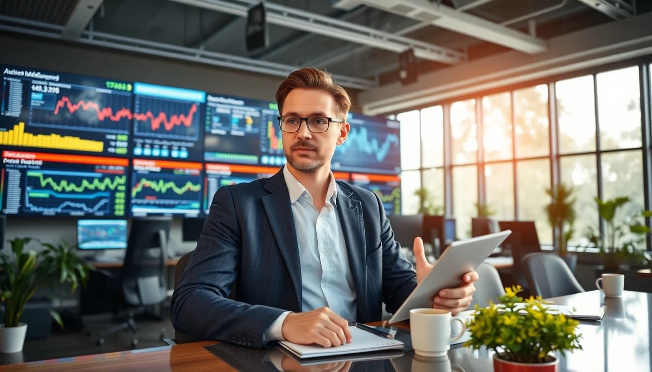 Aktuelle Meldungen präsentiert von einem Nachrichtenjournalisten in einem modernen Nachrichtenbüro.