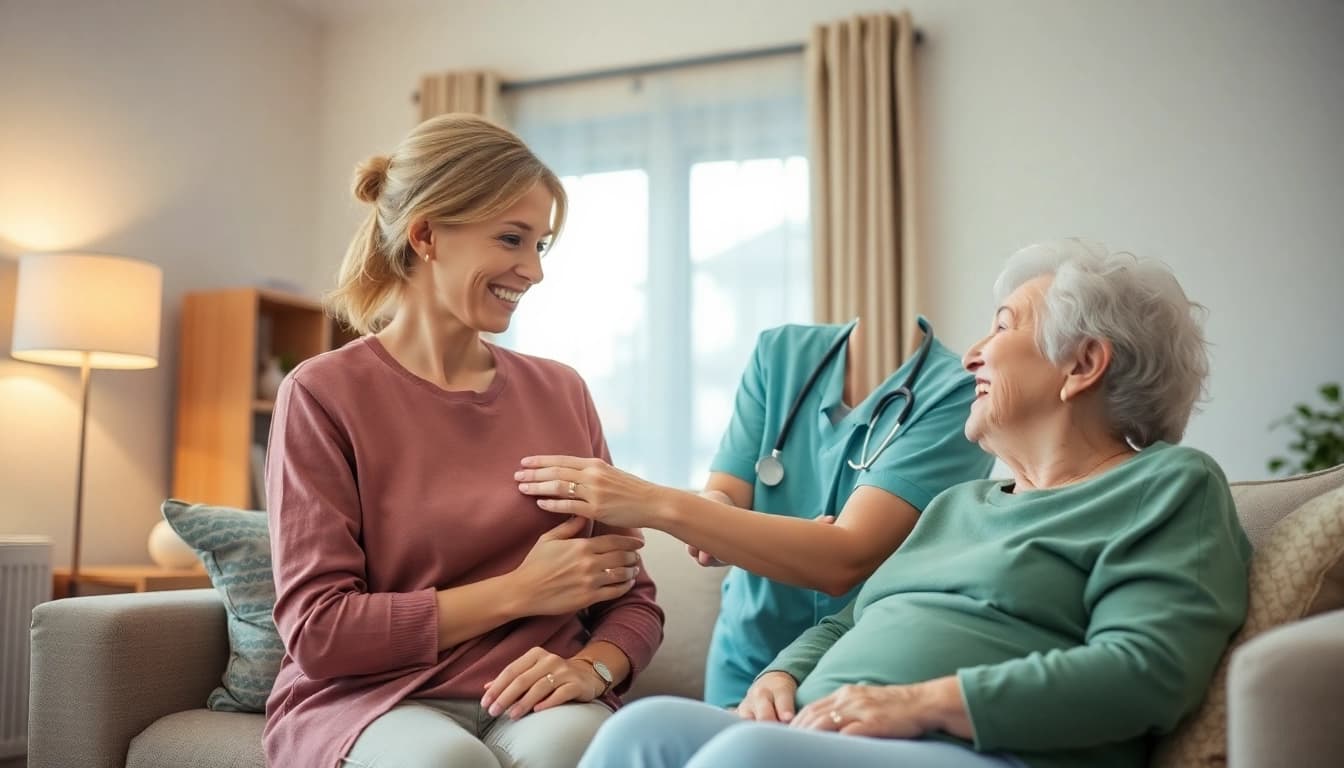 Pflegedienst zeigt Pflegekraft, die liebevoll eine ältere Person unterstützt.