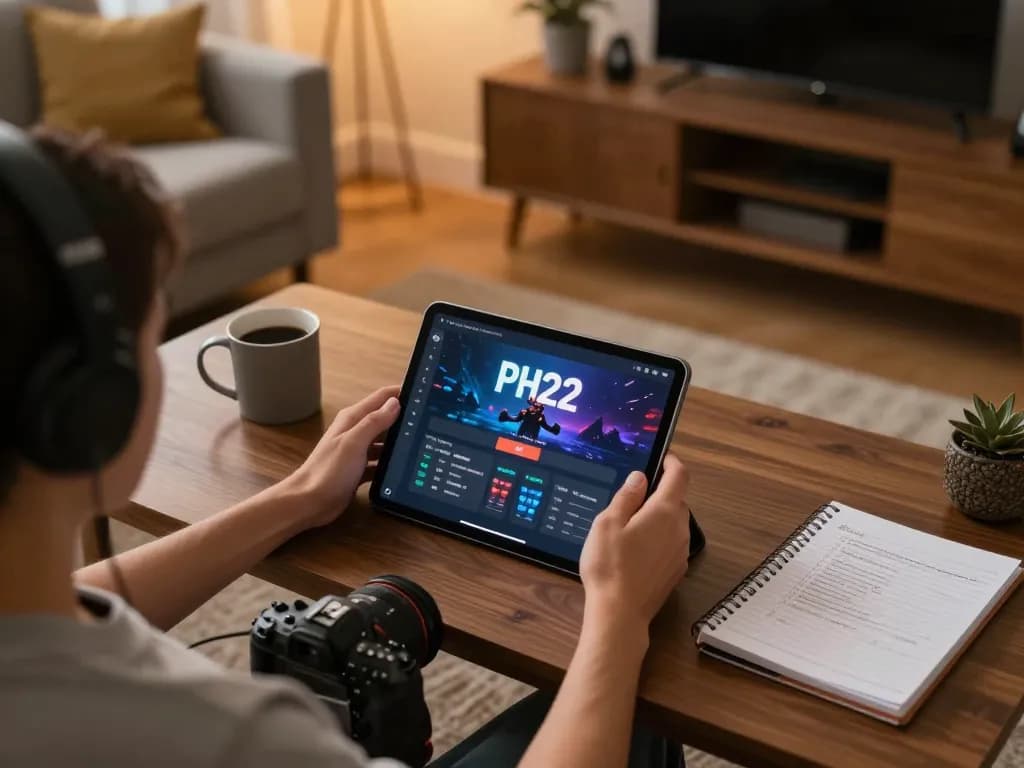 Player engaging with the PH22 app for online gaming on a tablet in a cozy home setup