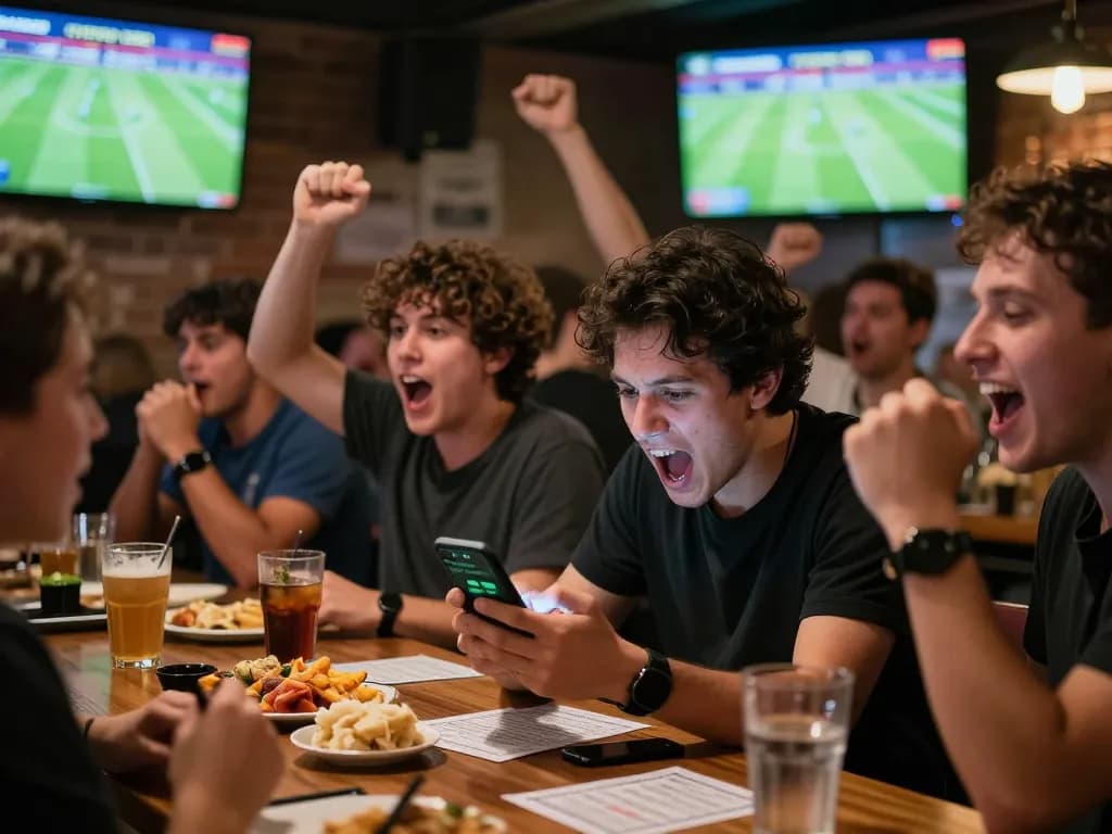 Fans celebrating while checking tỷ lệ kèo nhà cái hôm nay on their smartphones at a lively sports bar