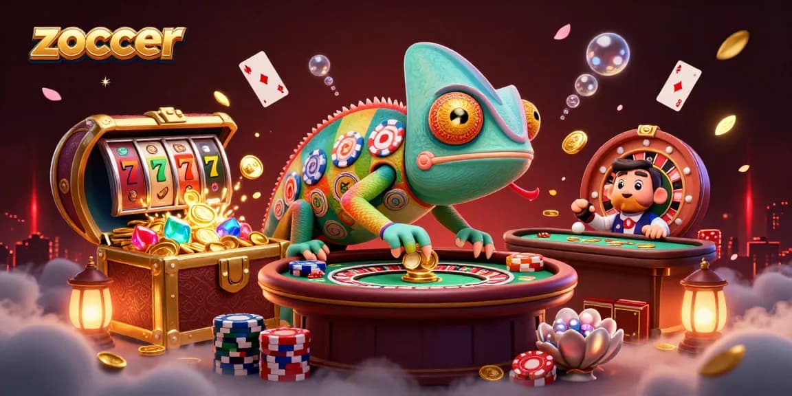 Zoccer chameleon casino owner capturing golden coins, surrounded by vibrant game elements in an exciting casino scene.