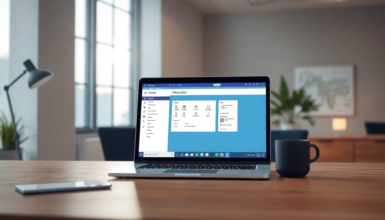 Visualisiere die Vorteile von Office 2024 Professional Plus mit Access und Outlook auf einem modernen Arbeitsplatz.