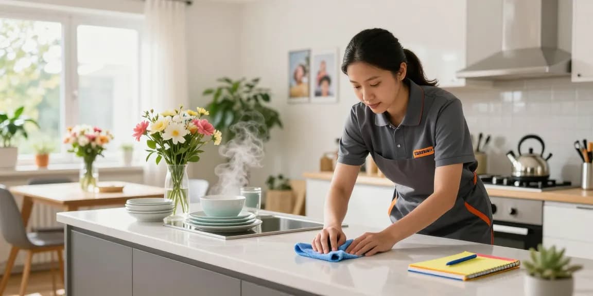 Professional cleaner at work showcasing excellence in putzfirma bern with shiny kitchen and vibrant atmosphere.