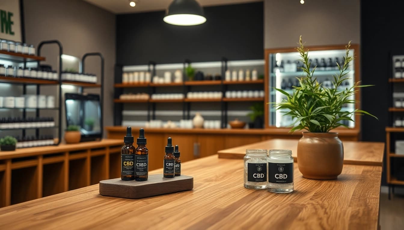 CBD-Produkte im eleganten Glasbehälter präsentieren, harmonisches Shop-Ambiente in Zürich.
