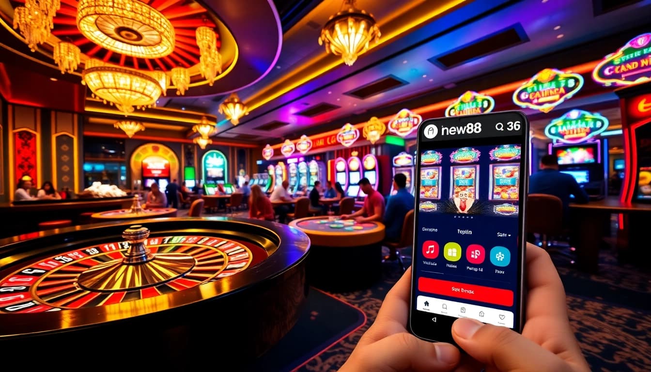New 88 gamers engaging with vibrant casino tables and dynamic slot machines.