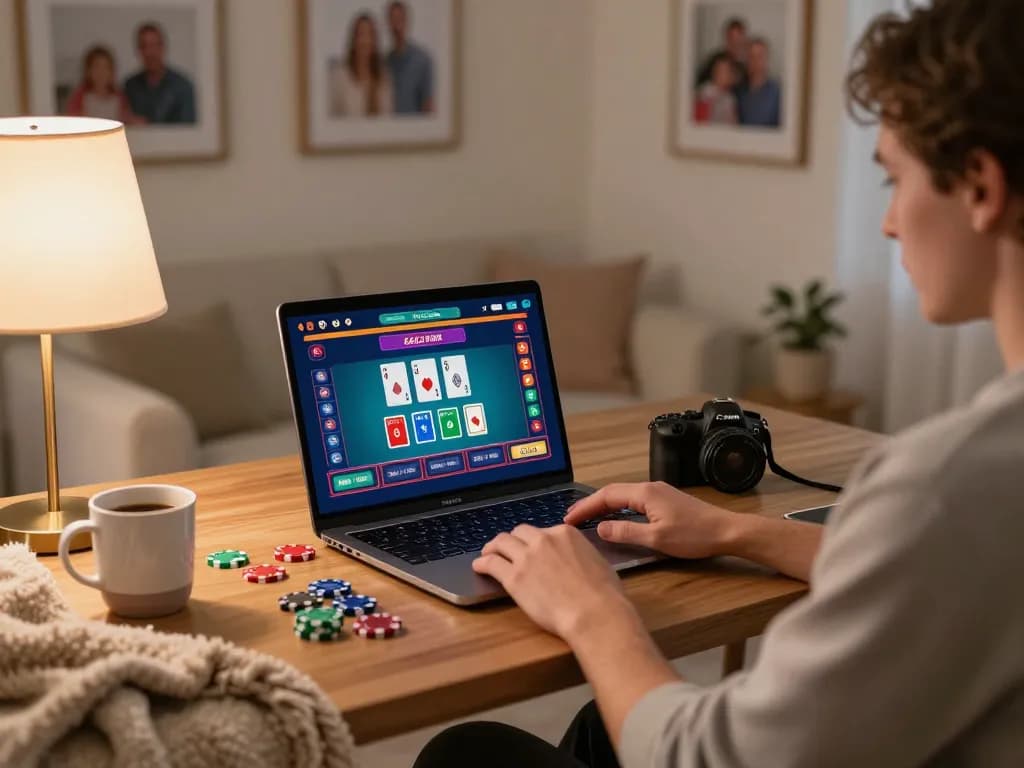 Engaging in online gaming at nhà cái bl555 with a laptop, showcasing a vibrant casino atmosphere