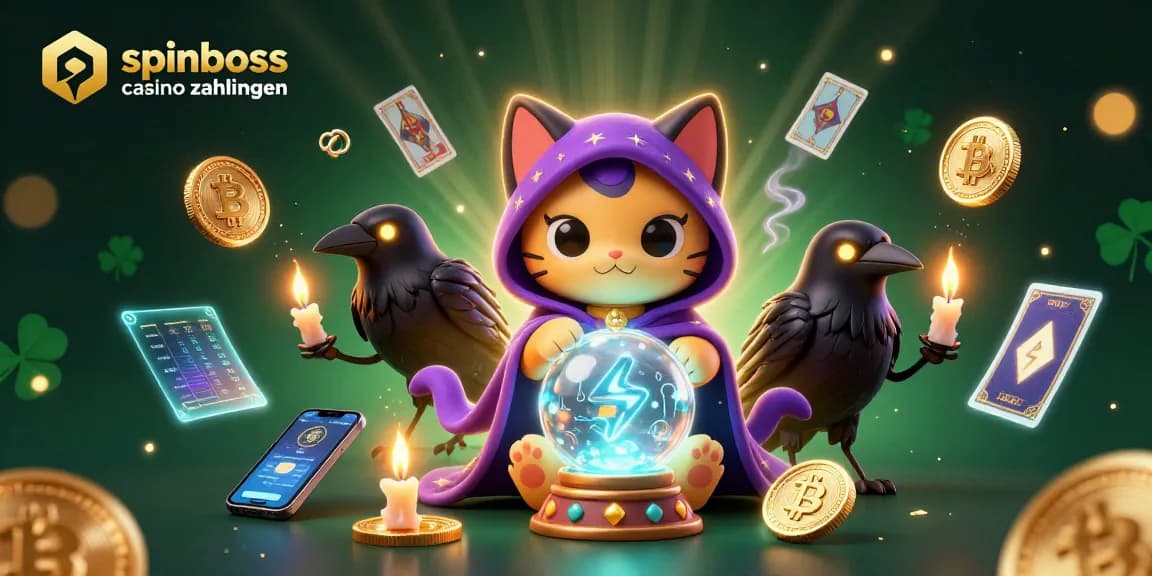 Spinboss Casino Zahlungen: Ein faszinierendes 3D-Bild mit mystischen Charakteren und Krypto-Elementen