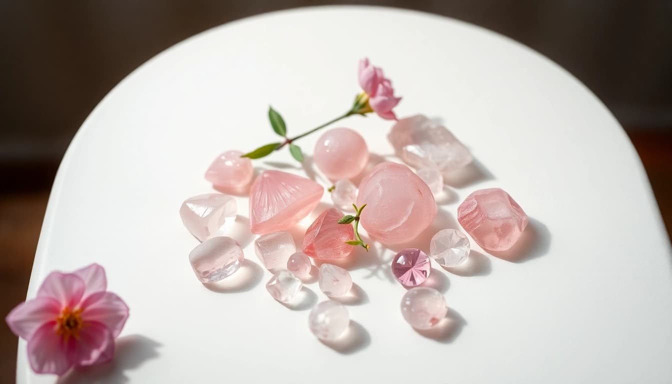 Rosenquarz-Kristalle funkeln in sanftem Licht auf einem Tisch, umgeben von einem blühenden Zweig.