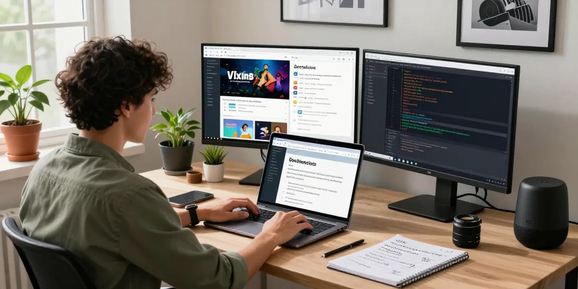 Tech worker troubleshooting geoblocking umgehen ohne VPN in a vibrant home office.