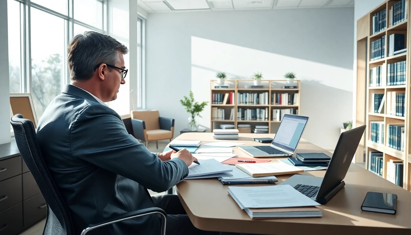 Fokussierter beeidigter Übersetzer arbeitet in einem modernen Büro, umgeben von Wörterbüchern und Übersetzungsunterlagen.