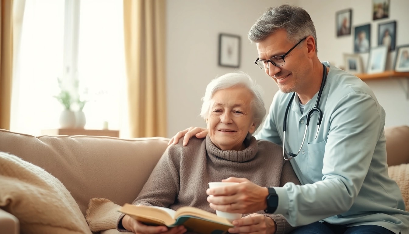 Pflegedienst unterst&uuml;tzt eine Seniorin mit liebevoller Zuwendung in ihrem Zuhause.