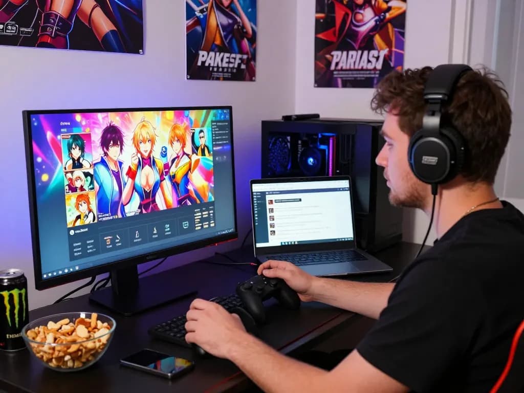 Engaged gamer exploring various porn ganes in a vibrant room setting.