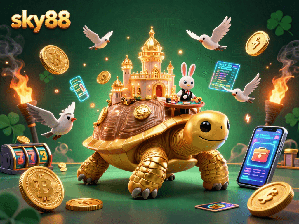 Experience thrilling slot gameplay with sky88's vibrant 3D casino scene featuring unique characters.