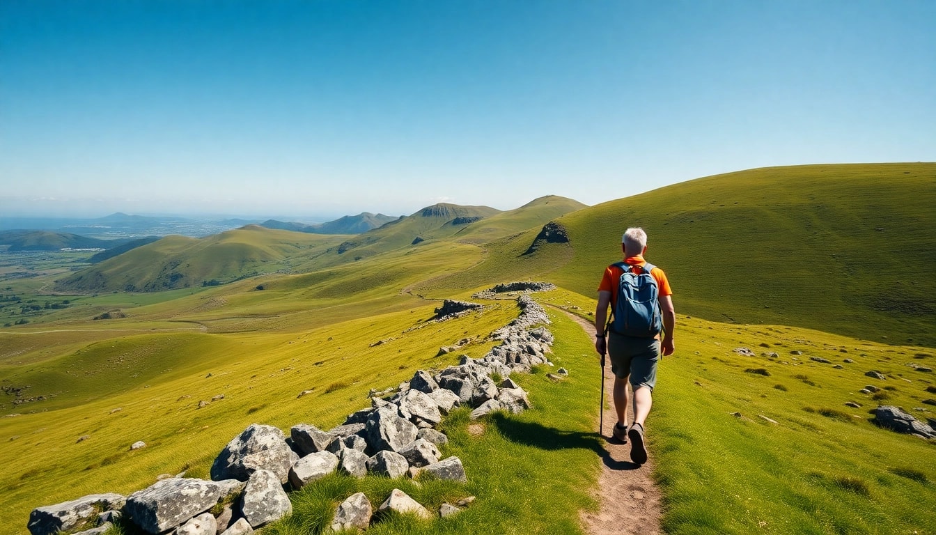 Wanderer auf dem Kerry Way Irland bewundert die malerische grüne Landschaft.