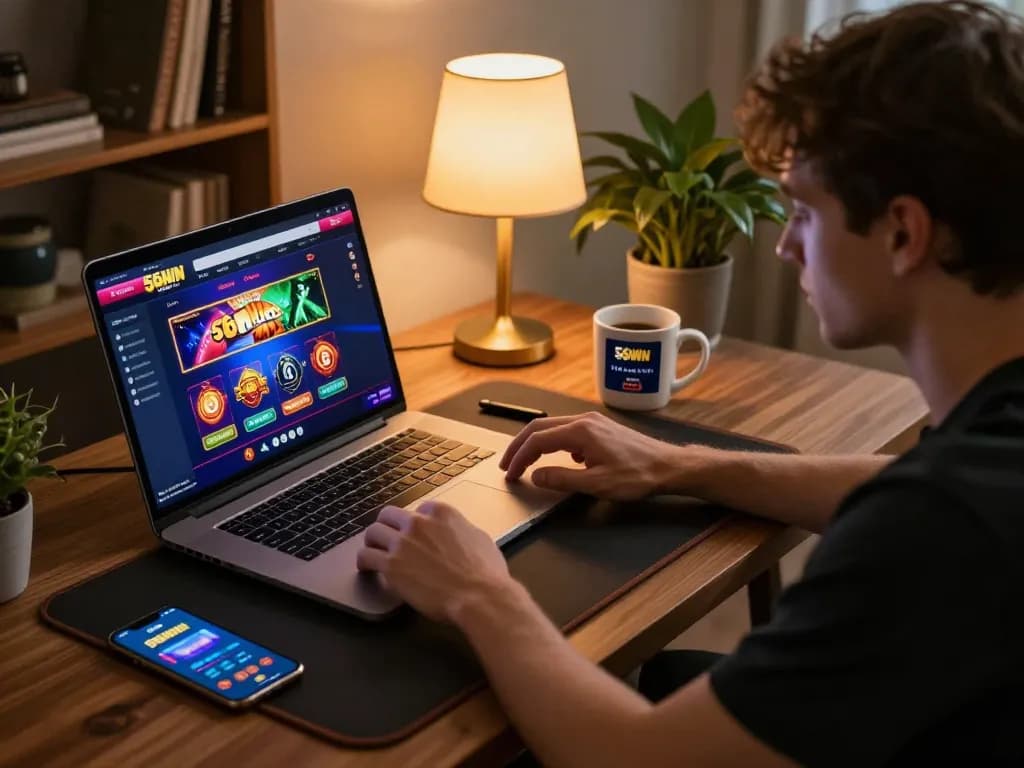 Player enjoying a strategic online gaming session with 56WIN app on laptop, showcasing engaging and responsible gambling.