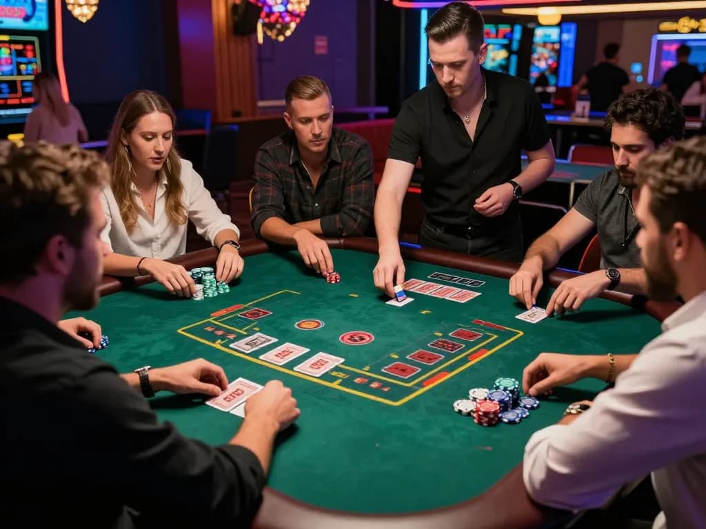 Các người chơi câu lạc bộ B52 đang lập chiến lược trong một trò chơi blackjack sôi động tại một casino cao cấp