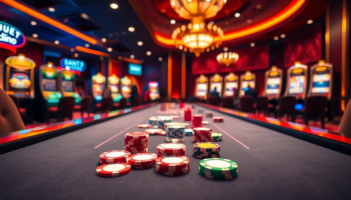 Erlebe die Spannung am Casino-Tisch mit casino spiele.de und bunten Spielchips und Karten.