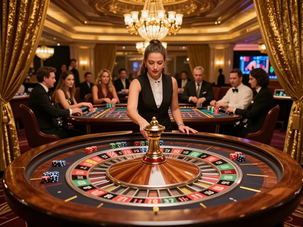 Engaging roulette gameplay showcasing VIN777 excitement with croupier elegantly spinning the wheel.