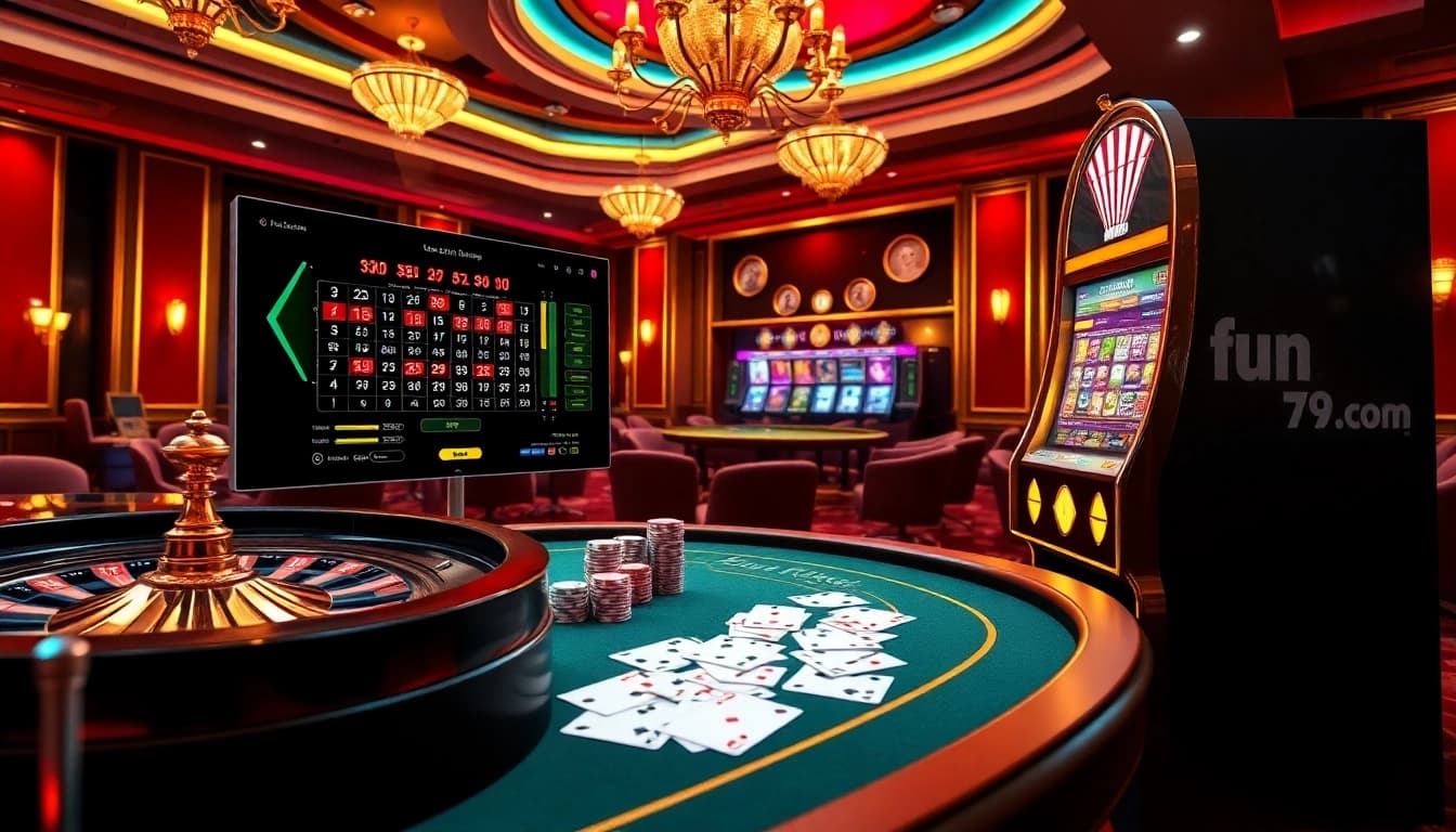 Engage in thrilling online gaming at fun79 com with luxury casino visuals, including poker chips and a roulette wheel.