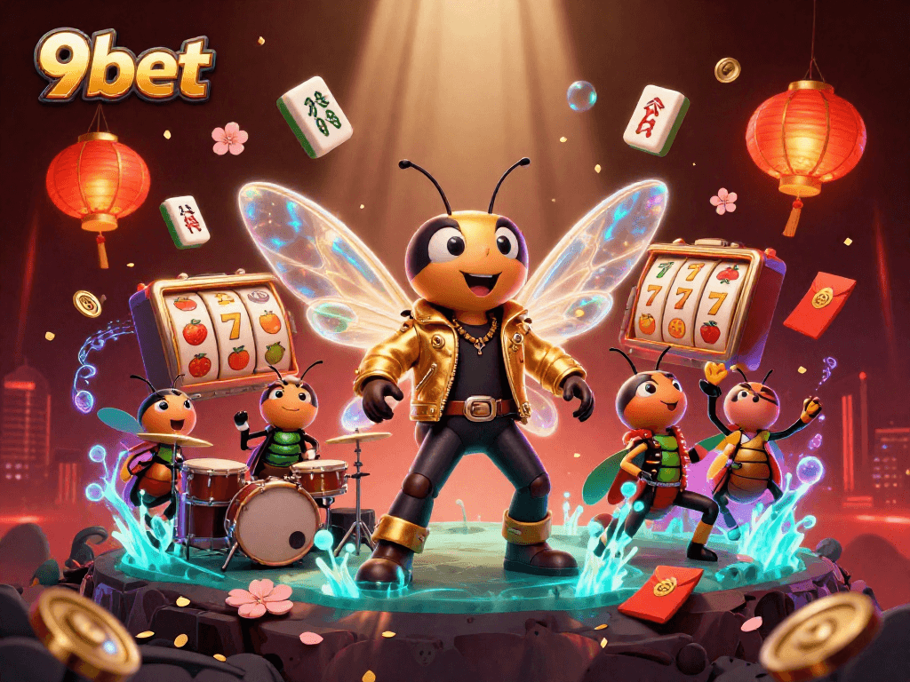 Engage with 9bet slots in a vibrant 3D casino scene featuring a cicada rock star and characters.