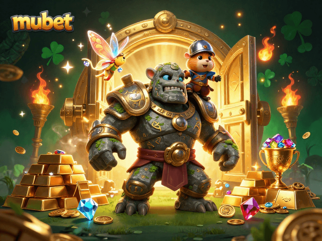 Mubet players winning big at a vibrant casino scene with magical characters amidst treasure and game elements