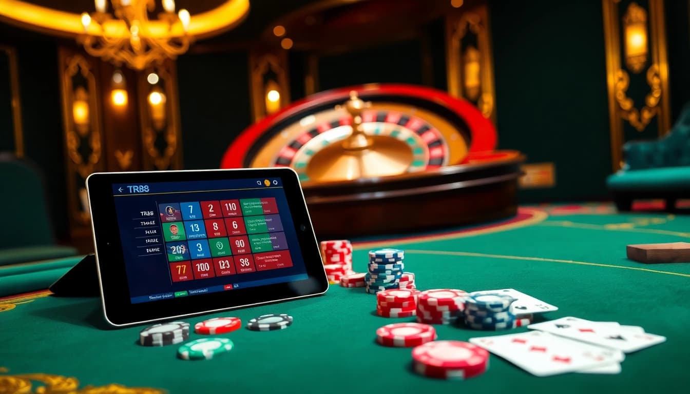 Experience the excitement of tr88 online gaming at a luxurious casino table with poker chips and cards.